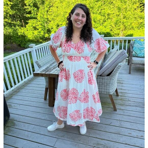 MARIE OLIVER Pink Floral 100% Cotton Ava V-Neck 3/4 Sleeve Maxi Dress Size M - Picture 15 of 16